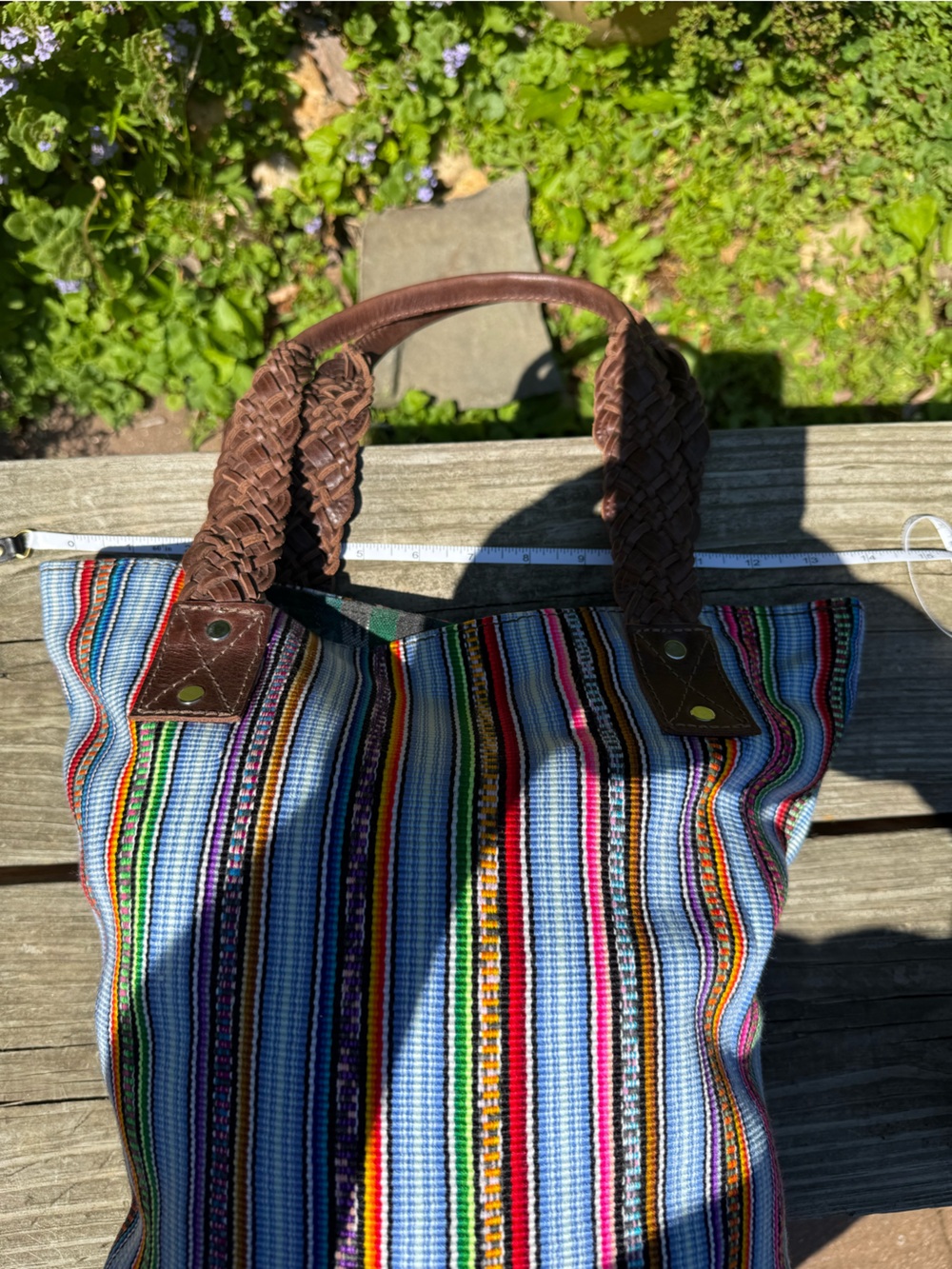 Multicolor Striped Tote with Braided Brown Handles - Picture 3 of 3